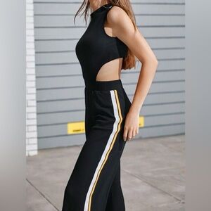 ICON Mavi Black Open Back Jumpsuit with Yellow and White Stripes